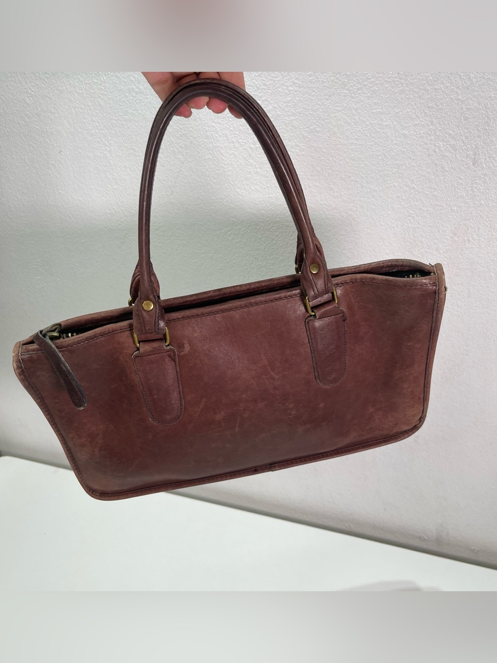 Vintage Coach Slim Satchel Brown Leather Brass USA Made Minimalist Classic 7''